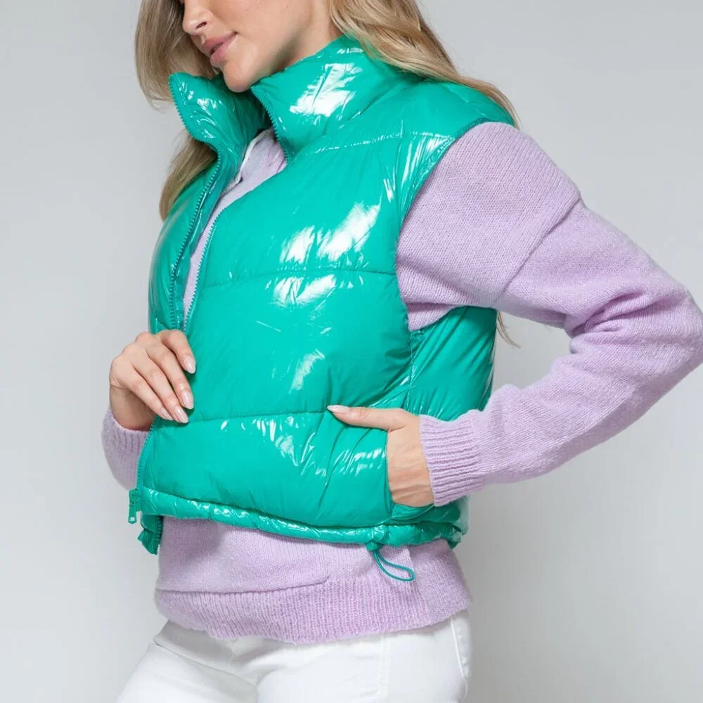 Snobbish Zip Up Turtleneck Shiny Quilted Vest - Picture 3 of 6
